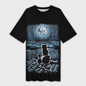 Платье-футболка 3D с принтом КОТЫ НА КРЫШЕ в Тюмени,  |  | cat | moon | night | животные | звезды | звери | кот | котенок | коты | кошка | красиво | крыша | луна | мама | небо | ночь | тьма