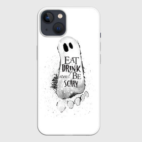 Чехол для iPhone 13 с принтом Добродушное приведение (белый, полиэстер) в Тюмени,  |  | fun | helloween | party | scary | вечеринка | день | духи | мрачно | оригинальный | подарок | праздник | привидение | пугать | святые | тыква | ужас | хэллоуин | черный | шарик