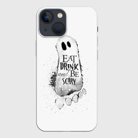 Чехол для iPhone 13 mini с принтом Добродушное приведение (белый, полиэстер) в Тюмени,  |  | fun | helloween | party | scary | вечеринка | день | духи | мрачно | оригинальный | подарок | праздник | привидение | пугать | святые | тыква | ужас | хэллоуин | черный | шарик