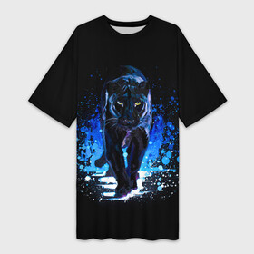 Платье-футболка 3D с принтом Черная пантера пятна краски в Тюмени,  |  | black panther | panthera | большая кошка | красивая кошка | пантера | пятна краски | синяя краска | хищный зверь | черная пантера
