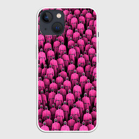 Чехол для iPhone 13 с принтом Охранники игры в кальмара в Тюмени,  |  | squid game | игра в кальмара | комбинезон | маска | надсмотрщик | охранник | розовый | толпа