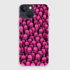 Чехол для iPhone 13 mini с принтом Охранники игры в кальмара в Тюмени,  |  | Тематика изображения на принте: squid game | игра в кальмара | комбинезон | маска | надсмотрщик | охранник | розовый | толпа
