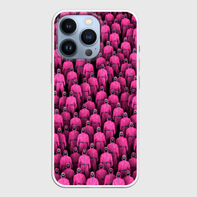 Чехол для iPhone 13 Pro с принтом Охранники игры в кальмара в Тюмени,  |  | squid game | игра в кальмара | комбинезон | маска | надсмотрщик | охранник | розовый | толпа