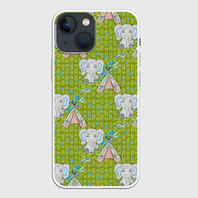Чехол для iPhone 13 mini с принтом Слоник и вигвам в Тюмени,  |  | Тематика изображения на принте: вигвам | индеец | слон | слоненок | слоник