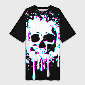 Платье-футболка 3D с принтом Мерцающий череп в Тюмени,  |  | day of the dead | drops | flowing | halloween | happy halloween | holiday | shimmering skull | splashes | брызги | день мертвых | капли | мерцающий череп | праздник | течет | хэллоуин