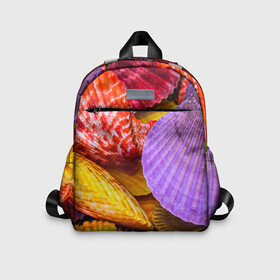 Детский рюкзак 3D с принтом Разноцветные ракушки  multicolored seashells в Тюмени, 100% полиэстер | лямки с регулируемой длиной, сверху петелька, чтобы рюкзак можно было повесить на вешалку. Основное отделение закрывается на молнию, как и внешний карман. Внутри дополнительный карман. По бокам два дополнительных кармашка | holiday | multicolored seashells | sea | sea house | summer | лагуна | лето | моллюск | море | морская тема | морские обитатели | морские ракушки | морской пляж | океан | отпуск | перламутр | пляж | подводный мир