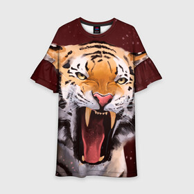 Детское платье 3D с принтом Тигр красавчик сердится в Тюмени, 100% полиэстер | прямой силуэт, чуть расширенный к низу. Круглая горловина, на рукавах — воланы | 2022 | aggressive | angry | fangs | new year | open mouth | predator | tiger | year of the tiger | агрессивный | год тигра | клыки | новый год | открытая пасть | сердитый | тигр | хищник