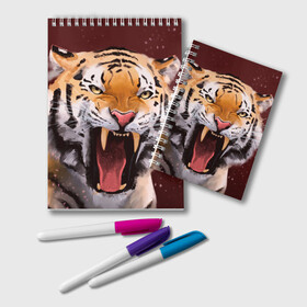 Блокнот с принтом Тигр красавчик сердится в Тюмени, 100% бумага | 48 листов, плотность листов — 60 г/м2, плотность картонной обложки — 250 г/м2. Листы скреплены удобной пружинной спиралью. Цвет линий — светло-серый
 | 2022 | aggressive | angry | fangs | new year | open mouth | predator | tiger | year of the tiger | агрессивный | год тигра | клыки | новый год | открытая пасть | сердитый | тигр | хищник