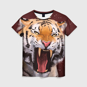 Женская футболка 3D с принтом Тигр красавчик сердится в Тюмени, 100% полиэфир ( синтетическое хлопкоподобное полотно) | прямой крой, круглый вырез горловины, длина до линии бедер | 2022 | aggressive | angry | fangs | new year | open mouth | predator | tiger | year of the tiger | агрессивный | год тигра | клыки | новый год | открытая пасть | сердитый | тигр | хищник