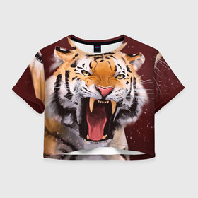 Женская футболка Crop-top 3D с принтом Тигр красавчик сердится в Тюмени, 100% полиэстер | круглая горловина, длина футболки до линии талии, рукава с отворотами | 2022 | aggressive | angry | fangs | new year | open mouth | predator | tiger | year of the tiger | агрессивный | год тигра | клыки | новый год | открытая пасть | сердитый | тигр | хищник