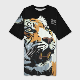Платье-футболка 3D с принтом Тигр перед атакой в Тюмени,  |  | 2022 | before the attack | look | new year | open mouth | predator | tiger | year of the tiger | взгляд | год тигра | новый год | открытая пасть | перед атакой | тигр | хищник