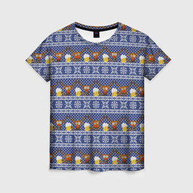 Женская футболка 3D с принтом Олени отдыхают в Тюмени, 100% полиэфир ( синтетическое хлопкоподобное полотно) | прямой крой, круглый вырез горловины, длина до линии бедер | вязанный | новогодний | олень | паттерн | рождественский | с оленями | свитер | узор