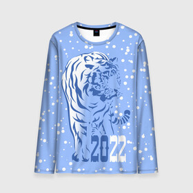 Мужской лонгслив 3D с принтом Голубой водяной тигр в Тюмени, 100% полиэстер | длинные рукава, круглый вырез горловины, полуприлегающий силуэт | 2022 | beast | blue water tiger | is coming | new year | predator | strength and tranquility | year of the tiger | год тигра | зверь | зима | идет | новый год | сила и спокойствие | снег | хищник