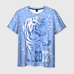 Мужская футболка 3D с принтом Голубой водяной тигр в Тюмени, 100% полиэфир | прямой крой, круглый вырез горловины, длина до линии бедер | 2022 | beast | blue water tiger | is coming | new year | predator | strength and tranquility | year of the tiger | год тигра | зверь | зима | идет | новый год | сила и спокойствие | снег | хищник