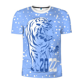 Мужская футболка 3D спортивная с принтом Голубой водяной тигр в Тюмени, 100% полиэстер с улучшенными характеристиками | приталенный силуэт, круглая горловина, широкие плечи, сужается к линии бедра | 2022 | beast | blue water tiger | is coming | new year | predator | strength and tranquility | year of the tiger | год тигра | зверь | зима | идет | новый год | сила и спокойствие | снег | хищник