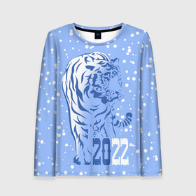 Женский лонгслив 3D с принтом Голубой водяной тигр в Тюмени, 100% полиэстер | длинные рукава, круглый вырез горловины, полуприлегающий силуэт | 2022 | beast | blue water tiger | is coming | new year | predator | strength and tranquility | year of the tiger | год тигра | зверь | зима | идет | новый год | сила и спокойствие | снег | хищник