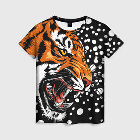 Женская футболка 3D с принтом Амурский тигр и снегопад в Тюмени, 100% полиэфир ( синтетическое хлопкоподобное полотно) | прямой крой, круглый вырез горловины, длина до линии бедер | 2022 | amur tiger | beast | grin | new year | night | open mouth | predator | profile | snowfall | winter | year of the tiger | амурский тигр | год тигра | зверь | зима | новый год | ночь | оскал | открытая пасть | профиль | снегопад | хищник
