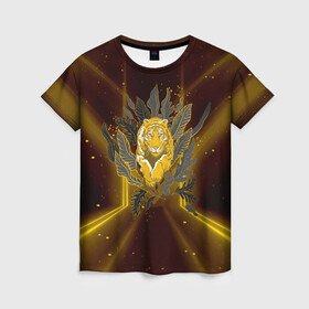 Женская футболка 3D с принтом Золотой тигр 2022 в Тюмени, 100% полиэфир ( синтетическое хлопкоподобное полотно) | прямой крой, круглый вырез горловины, длина до линии бедер | 2022 | год тигра | новый год | новый год 2022 | символ года | тигр | тигренок | тигрица | тигры