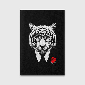 Обложка для паспорта матовая кожа с принтом Тигр с красной розой в Тюмени, натуральная матовая кожа | размер 19,3 х 13,7 см; прозрачные пластиковые крепления | 2022 | authority | black suit | godfather | holiday | mafia | new year | red rose | year of the tiger | авторитет | год тигра | красная роза | крестный отец | мафия | новый год | праздник | тигр в очках | черный костюм