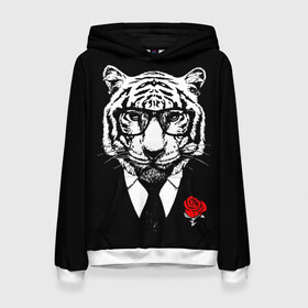 Женская толстовка 3D с принтом Тигр с красной розой в Тюмени, 100% полиэстер  | двухслойный капюшон со шнурком для регулировки, мягкие манжеты на рукавах и по низу толстовки, спереди карман-кенгуру с мягким внутренним слоем. | 2022 | authority | black suit | godfather | holiday | mafia | new year | red rose | year of the tiger | авторитет | год тигра | красная роза | крестный отец | мафия | новый год | праздник | тигр в очках | черный костюм