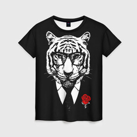 Женская футболка 3D с принтом Тигр с красной розой в Тюмени, 100% полиэфир ( синтетическое хлопкоподобное полотно) | прямой крой, круглый вырез горловины, длина до линии бедер | 2022 | authority | black suit | godfather | holiday | mafia | new year | red rose | year of the tiger | авторитет | год тигра | красная роза | крестный отец | мафия | новый год | праздник | тигр в очках | черный костюм