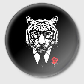 Значок с принтом Тигр с красной розой в Тюмени,  металл | круглая форма, металлическая застежка в виде булавки | 2022 | authority | black suit | godfather | holiday | mafia | new year | red rose | year of the tiger | авторитет | год тигра | красная роза | крестный отец | мафия | новый год | праздник | тигр в очках | черный костюм