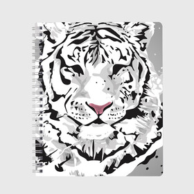 Тетрадь с принтом Белый снежный тигр в Тюмени, 100% бумага | 48 листов, плотность листов — 60 г/м2, плотность картонной обложки — 250 г/м2. Листы скреплены сбоку удобной пружинной спиралью. Уголки страниц и обложки скругленные. Цвет линий — светло-серый
 | 2022 | art | beast | new year | predator | splashes and drops | white tiger | year of the tiger | белый тигр | брызги и капли | год тигра | зверь | искусство | новый год | хищник