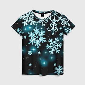 Женская футболка 3D с принтом Космические снежинки в Тюмени, 100% полиэфир ( синтетическое хлопкоподобное полотно) | прямой крой, круглый вырез горловины, длина до линии бедер | christmas | happy new year | merry christmas | neon | new year | snow | snowflakes | winter | декабрь | звезды | зима | зимний орнамент | зимний узор | зимняя ночь | неоновый | новогодний принт | новогодняя ночь | новый год | ночь | подарок