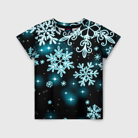 Детская футболка 3D с принтом Космические снежинки в Тюмени, 100% гипоаллергенный полиэфир | прямой крой, круглый вырез горловины, длина до линии бедер, чуть спущенное плечо, ткань немного тянется | christmas | happy new year | merry christmas | neon | new year | snow | snowflakes | winter | декабрь | звезды | зима | зимний орнамент | зимний узор | зимняя ночь | неоновый | новогодний принт | новогодняя ночь | новый год | ночь | подарок