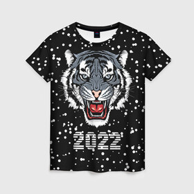 Женская футболка 3D с принтом Черный водяной тигр 2022 в Тюмени, 100% полиэфир ( синтетическое хлопкоподобное полотно) | прямой крой, круглый вырез горловины, длина до линии бедер | 2022 | beast | black water tiger | fangs | merry christmas | new year | predator | snow | stern grin | winter | year of the tiger | год тигра | зверь | зима | клыки | новый год | снег | суровый оскал | хищник | черный водяной тигр