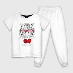 Детская пижама хлопок с принтом Белый тигр в красных очках в Тюмени, 100% хлопок |  брюки и футболка прямого кроя, без карманов, на брюках мягкая резинка на поясе и по низу штанин
 | 2022 | beast | bow tie | fangs | merry christmas | new year | predator | stern grin | white water tiger | year of the tiger | белый водяной тигр | галстук бабочка | год тигра | зверь | клыки | красные очки | новый год | суровый оскал | хищни