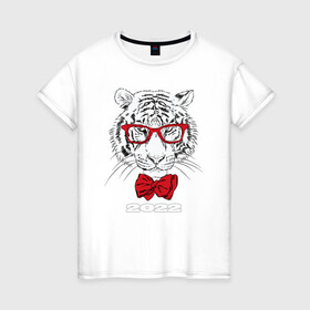 Женская футболка хлопок с принтом Белый тигр в красных очках в Тюмени, 100% хлопок | прямой крой, круглый вырез горловины, длина до линии бедер, слегка спущенное плечо | Тематика изображения на принте: 2022 | beast | bow tie | fangs | merry christmas | new year | predator | stern grin | white water tiger | year of the tiger | белый водяной тигр | галстук бабочка | год тигра | зверь | клыки | красные очки | новый год | суровый оскал | хищни