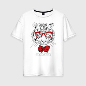 Женская футболка хлопок Oversize с принтом Белый тигр в красных очках в Тюмени, 100% хлопок | свободный крой, круглый ворот, спущенный рукав, длина до линии бедер
 | 2022 | beast | bow tie | fangs | merry christmas | new year | predator | stern grin | white water tiger | year of the tiger | белый водяной тигр | галстук бабочка | год тигра | зверь | клыки | красные очки | новый год | суровый оскал | хищни