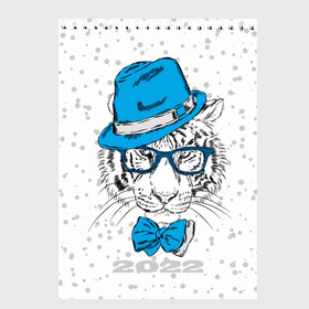 Скетчбук с принтом Белый тигр в синей шляпе в Тюмени, 100% бумага
 | 48 листов, плотность листов — 100 г/м2, плотность картонной обложки — 250 г/м2. Листы скреплены сверху удобной пружинной спиралью | 2022 | beast | blue hat | bow | merry christmas | new year | predator | snow | white water tiger | winter | year of the tiger | бант | белый водяной тигр | год тигра | зверь | зима | новый год | очки | синяя шляпа | снег | хищник