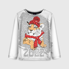 Детский лонгслив 3D с принтом Тигр в красной шапке в Тюмени, 100% полиэстер | длинные рукава, круглый вырез горловины, полуприлегающий силуэт
 | 2022 | beast | merry christmas | new year | predator | proud tiger | red hat | scarf | snow | winter | year of the tiger | год тигра | гордый тигр | зверь | зима | красная шапка | новый год | снег | хищник | шарф