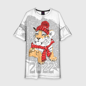 Детское платье 3D с принтом Тигр в красной шапке в Тюмени, 100% полиэстер | прямой силуэт, чуть расширенный к низу. Круглая горловина, на рукавах — воланы | 2022 | beast | merry christmas | new year | predator | proud tiger | red hat | scarf | snow | winter | year of the tiger | год тигра | гордый тигр | зверь | зима | красная шапка | новый год | снег | хищник | шарф