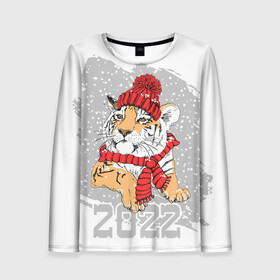 Женский лонгслив 3D с принтом Тигр в красной шапке в Тюмени, 100% полиэстер | длинные рукава, круглый вырез горловины, полуприлегающий силуэт | 2022 | beast | merry christmas | new year | predator | proud tiger | red hat | scarf | snow | winter | year of the tiger | год тигра | гордый тигр | зверь | зима | красная шапка | новый год | снег | хищник | шарф