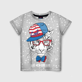 Детская футболка 3D с принтом Крутой белый тигр в Тюмени, 100% гипоаллергенный полиэфир | прямой крой, круглый вырез горловины, длина до линии бедер, чуть спущенное плечо, ткань немного тянется | Тематика изображения на принте: 2022 | beast | bow | cap | cool | merry christmas | new year | predator | snow | tiger | usa flag | winter | year of the tiger | бант | год тигра | зверь | зима | кепка | крутой | новый год | очки | снег | тигр | флаг сша | хищник