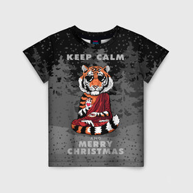 Детская футболка 3D с принтом Keep calm and Merry Christmas в Тюмени, 100% гипоаллергенный полиэфир | прямой крой, круглый вырез горловины, длина до линии бедер, чуть спущенное плечо, ткань немного тянется | 2022 | beast | buddhist | heart | keep calm and merry christmas | meditation | new year | spruce forest | tiger | year of the tiger | буддист | год тигра | ельник | зверь | медитация | новый год | сердце | тигр | черные очки