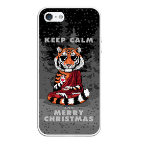 Чехол для iPhone 5/5S матовый с принтом Keep calm and Merry Christmas в Тюмени, Силикон | Область печати: задняя сторона чехла, без боковых панелей | 2022 | beast | buddhist | heart | keep calm and merry christmas | meditation | new year | spruce forest | tiger | year of the tiger | буддист | год тигра | ельник | зверь | медитация | новый год | сердце | тигр | черные очки