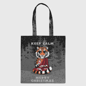 Шоппер 3D с принтом Keep calm and Merry Christmas в Тюмени, 100% полиэстер | Плотность: 200 г/м2; Размер: 34×35 см; Высота лямок: 30 см | 2022 | beast | buddhist | heart | keep calm and merry christmas | meditation | new year | spruce forest | tiger | year of the tiger | буддист | год тигра | ельник | зверь | медитация | новый год | сердце | тигр | черные очки