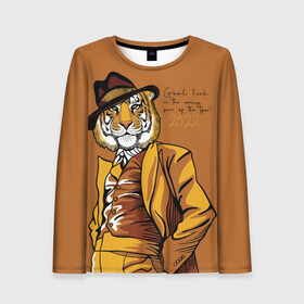 Женский лонгслив 3D с принтом Good luck in the coming year of the Tiger в Тюмени, 100% полиэстер | длинные рукава, круглый вырез горловины, полуприлегающий силуэт | 2022 | gentleman | happy new year | hat | imposing | look | merry christmas | orange suit | predator | tiger | взгляд | год тигра | джентльмен | новый год | оранжевый костюм | рождество | тигр | хищник | шляпа