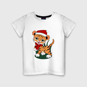 Детская футболка хлопок с принтом Зимний тигр в Тюмени, 100% хлопок | круглый вырез горловины, полуприлегающий силуэт, длина до линии бедер | Тематика изображения на принте: 2022 | год тигра | новогодний тигр | новый год | праздничный тигр | тигр | тигр в новогодней шапке | тигренок