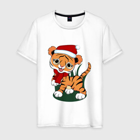 Мужская футболка хлопок с принтом Зимний тигр в Тюмени, 100% хлопок | прямой крой, круглый вырез горловины, длина до линии бедер, слегка спущенное плечо. | 2022 | год тигра | новогодний тигр | новый год | праздничный тигр | тигр | тигр в новогодней шапке | тигренок