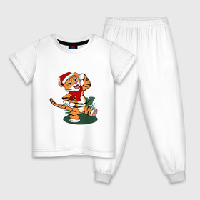Детская пижама хлопок с принтом Новогодний тигр 2022 в Тюмени, 100% хлопок |  брюки и футболка прямого кроя, без карманов, на брюках мягкая резинка на поясе и по низу штанин
 | 2022 | зимний тигр | качок | новый год | подарок на новый год | сильный | стоит | тигр в новогодней шапке | тигренок | хвастается