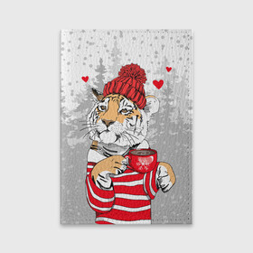 Обложка для паспорта матовая кожа с принтом Тигр с чашкой кофе в Тюмени, натуральная матовая кожа | размер 19,3 х 13,7 см; прозрачные пластиковые крепления | 2022 | a cup of coffee | fir forest | happy new year | hearts | merry christmas | red hat | striped fur coat | tiger | year of the tiger | год тигра | еловый лес | красная шапка | новый год | полосатая шуба | рождество | сердца | тигр | чашка кофе