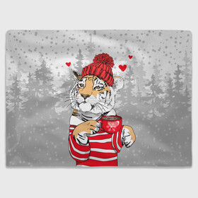 Плед 3D с принтом Тигр с чашкой кофе в Тюмени, 100% полиэстер | закругленные углы, все края обработаны. Ткань не мнется и не растягивается | 2022 | a cup of coffee | fir forest | happy new year | hearts | merry christmas | red hat | striped fur coat | tiger | year of the tiger | год тигра | еловый лес | красная шапка | новый год | полосатая шуба | рождество | сердца | тигр | чашка кофе