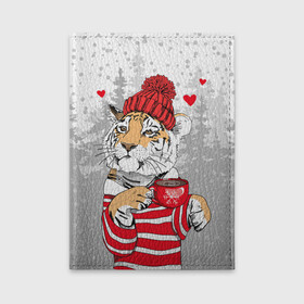 Обложка для автодокументов с принтом Тигр с чашкой кофе в Тюмени, натуральная кожа |  размер 19,9*13 см; внутри 4 больших “конверта” для документов и один маленький отдел — туда идеально встанут права | 2022 | a cup of coffee | fir forest | happy new year | hearts | merry christmas | red hat | striped fur coat | tiger | year of the tiger | год тигра | еловый лес | красная шапка | новый год | полосатая шуба | рождество | сердца | тигр | чашка кофе