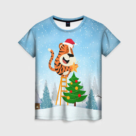 Женская футболка 3D с принтом Тигр украшает новогоднюю елку в Тюмени, 100% полиэфир ( синтетическое хлопкоподобное полотно) | прямой крой, круглый вырез горловины, длина до линии бедер | 2022 | год тигра | новый год | новый год 2022 | символ года | тигр | тигренок | тигрица | тигры
