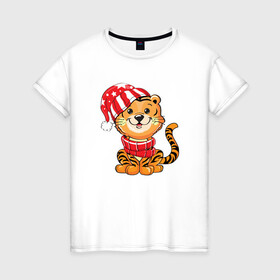 Женская футболка хлопок с принтом Тигренок в шапке и в шарфе в Тюмени, 100% хлопок | прямой крой, круглый вырез горловины, длина до линии бедер, слегка спущенное плечо | 2022 | год тигра | новый год | новый год 2022 | символ года | тигр | тигренок | тигрица | тигры